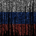 Flag of Russia on a computer binary codes falling from the top and fading away.